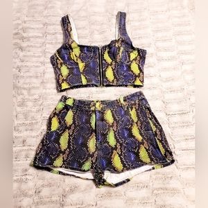 Pretty Little Thing Neon Snake Denim Bralette & Short Outfit
